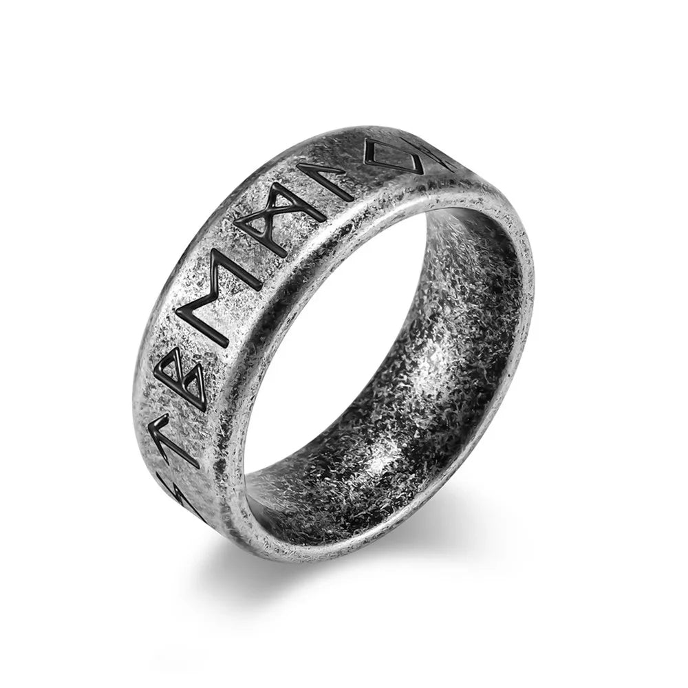 MKENDN Simple Vintage Oxidized Black Viking Style Norse Runes Amulet Rings For Men Women Stainless Steel Finger Jewelry Gifts - Madeinsea©