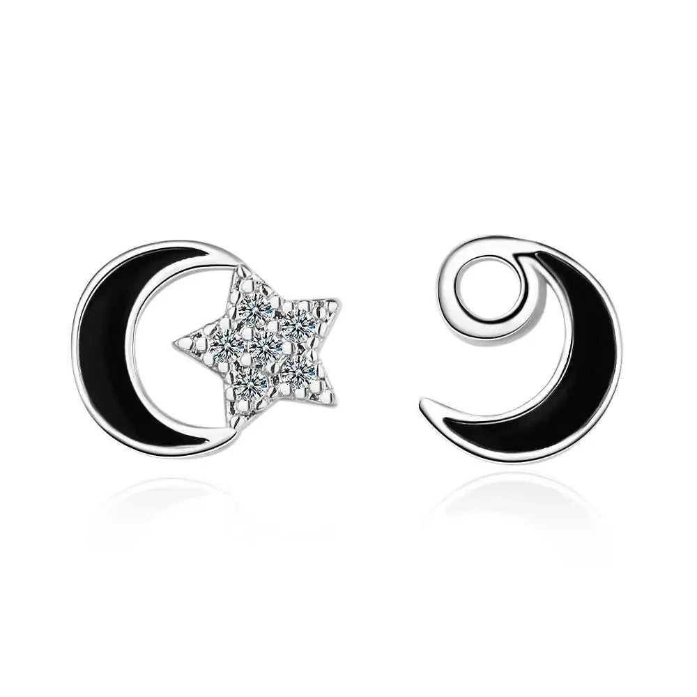 Real 925 Sterling Silver Zircon Moon Star Stud 14K Gold Earrings For Women Asymmetry Cute Fine Jewelry Drop shipping