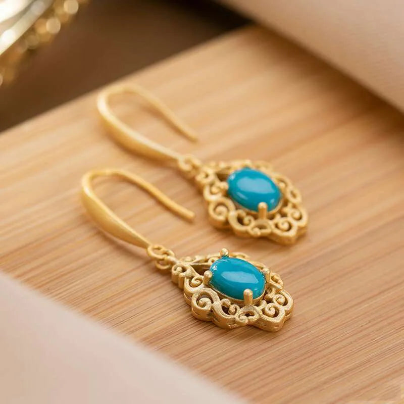 100% 14K Gold  Earring for Women Natural turquoise Gemstone earrings Bohemia Engagement Aros Mujer Oreja 14 K Gold Earring Box