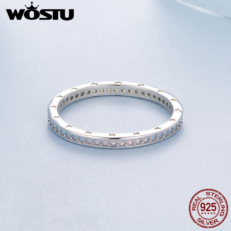 WOSTU 925 Sterling Silver Simple White Opal Black Onyx Band Rings For Women, Everyday Wear Full Stone Rings Party Gift for her