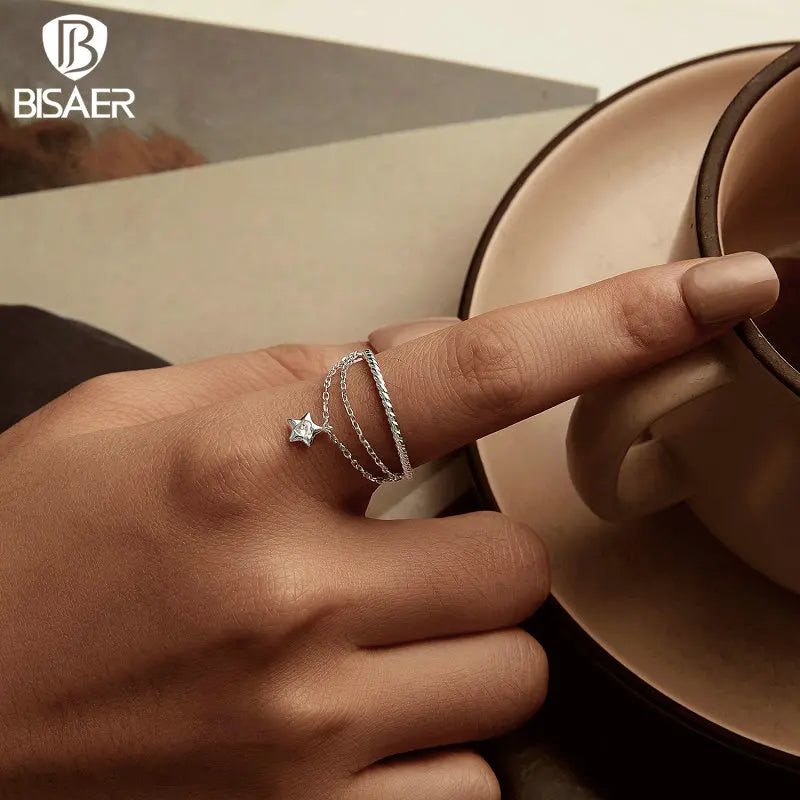 BISAER Bague ouverte en argent sterling 925 avec étoile dansante multicouche réglable plaquée or blanc pour femme