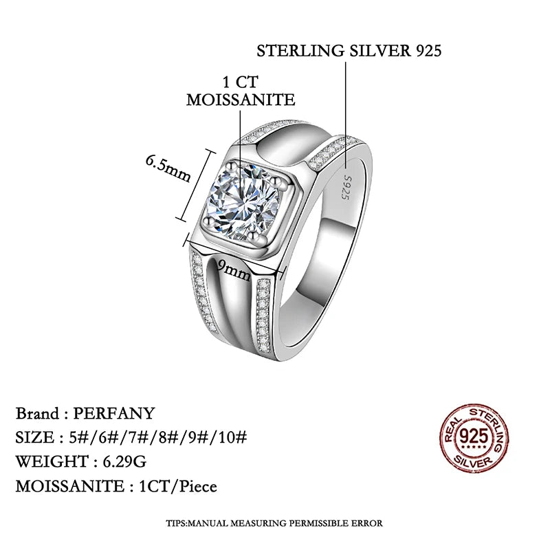 PERFANY 1CT Moissanite Ring for Men S925 Pure Silver Inlaid Laboratory Diamond Engagement Ring Wedding Luxury Jewelry - Madeinsea©