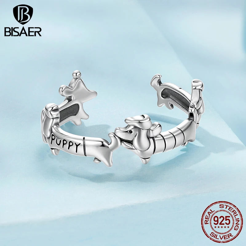 BISAER Real 925 Sterling Silver Dachshund Open Ring Cute Pet Dog Band Adjustable Size 5-9 for Women Party Fine Jewelry ECR1131-E