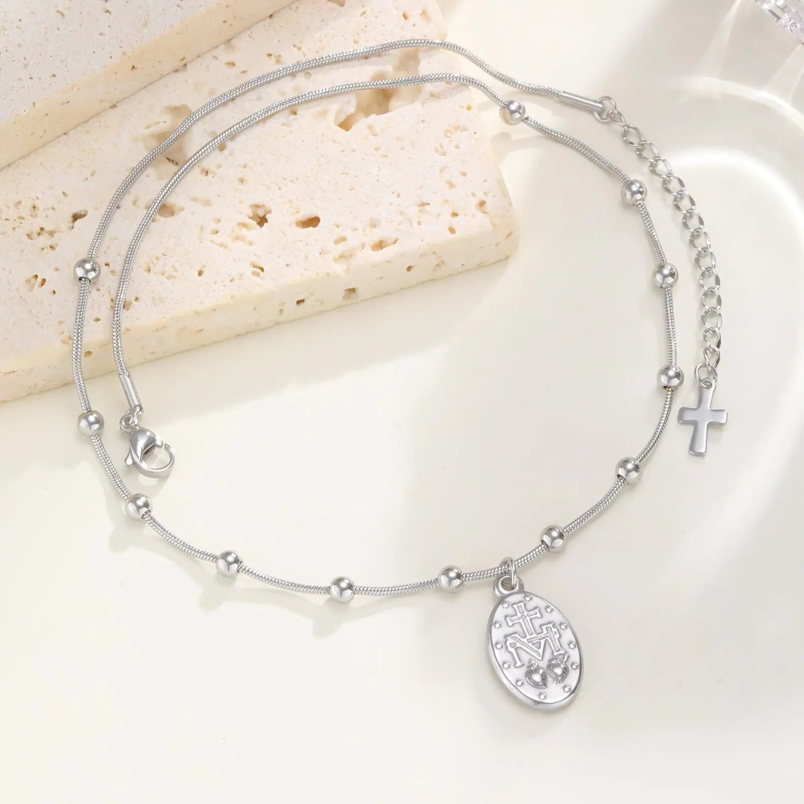 Vnox Light Luxury Rosary Necklaces For Women,Stainless Steel Beads Chain Virgin Mary Pendent,Cross Tail Religion Jewelry Gift