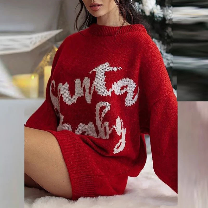 Christmas Sweater Dress Women Elegant Evening Dress Woman Autumn Winter Printed Knitted Sweaters For Women Mini Dress Jumper Red