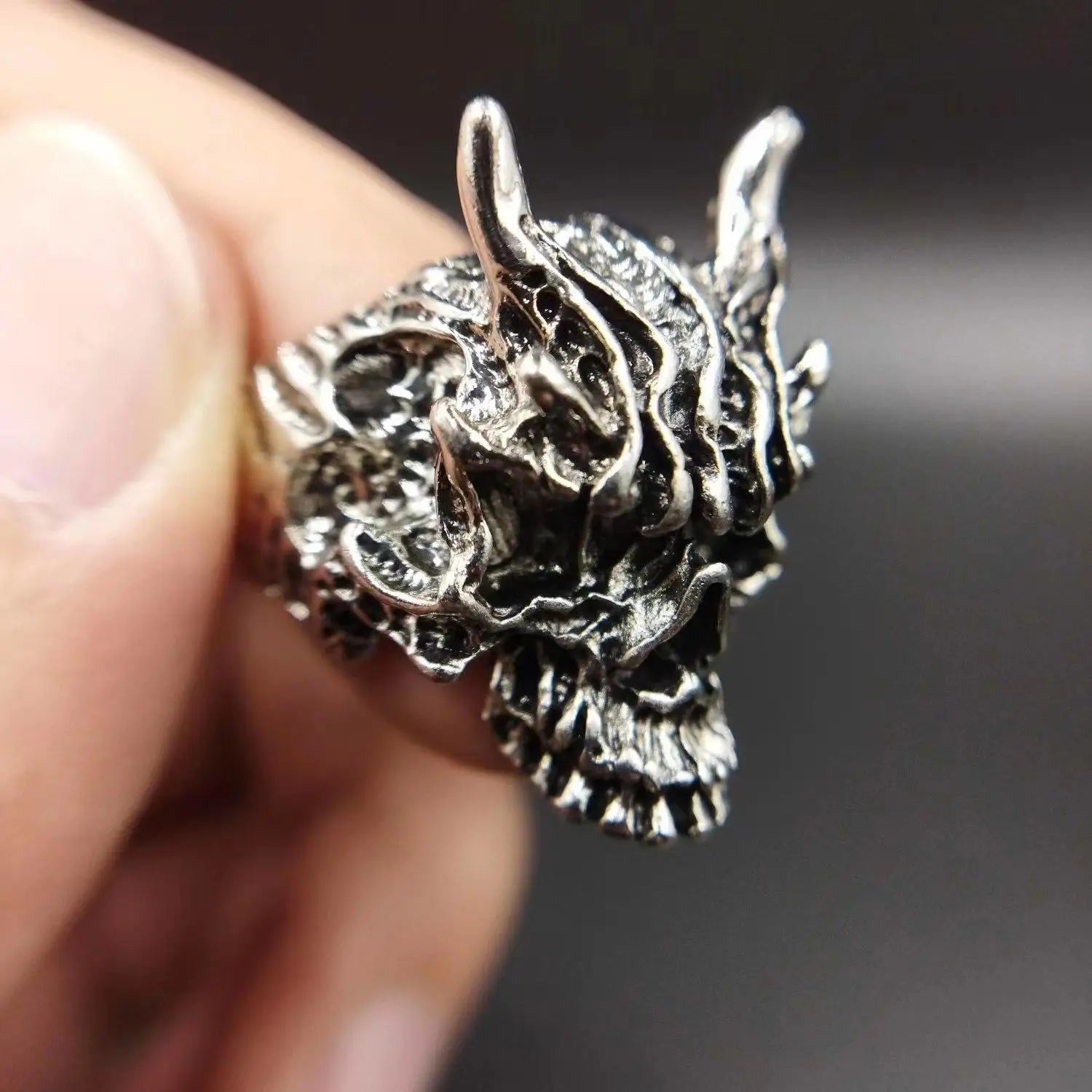 Retro Dark Rakshasa Skull Ring For Men Punk Gothic Rock Hiphop Open Ring Biker Accessories Handmade Designer Jewelry Unisex Gift