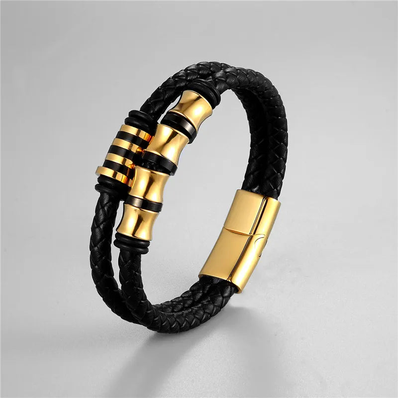 MKENDN Punk Genuine Leather Bracelet Double Layer Black Stainless Steel Magnetic Button For Men Unisex Accessories Jewelry