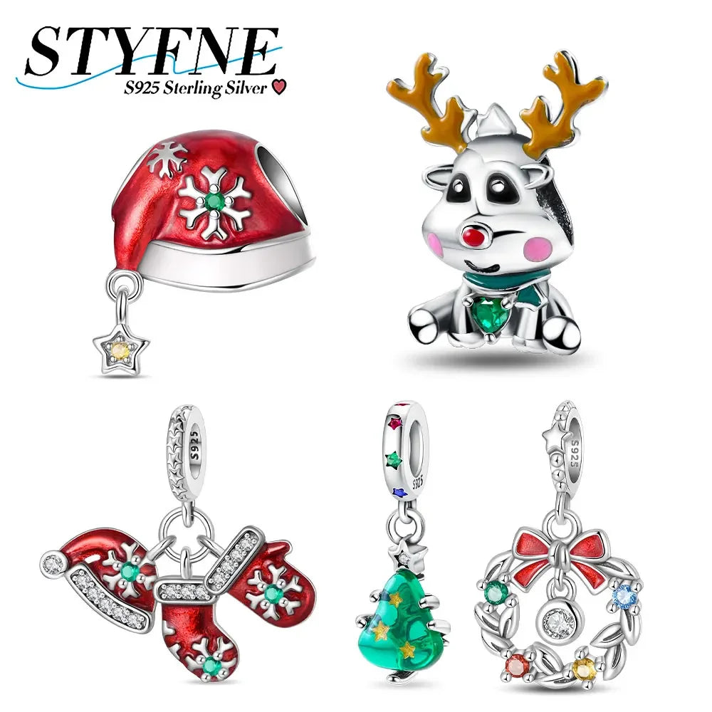 Charm 925 Sterling Silver Christmas Tree Hat Love Elk Beaded Fit Women's Bracelet Diy Jewelry Making Christmas Gift