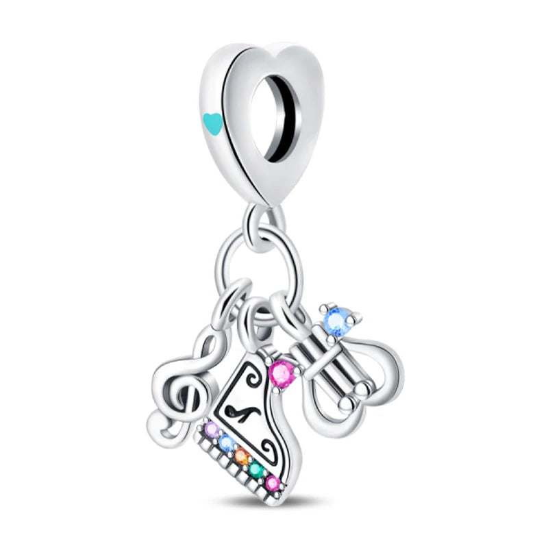 Romantic Music Charms Beads 925 Sterling Silver Piano Violin Red Guitar Punk Saxophone Pendants Fit Qikaola Bracelet DIY Jewelry