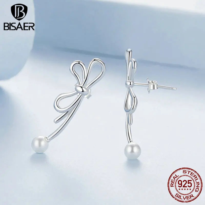 Boucles d'oreilles à tige en argent sterling 925 BISAER - Boucles d'oreilles à nœud délicat - Plaqué or blanc - Pour femme - Bijoux fins - Cadeau