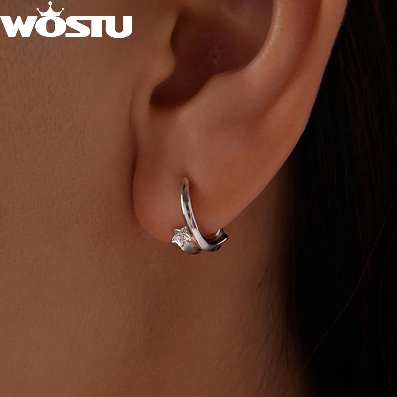 WOSTU Sterling Silver Star Huggies Earrings for Women, Minimalist CZ Hoop Earring Dainty Circle Ear Jewelry Gift for Girl