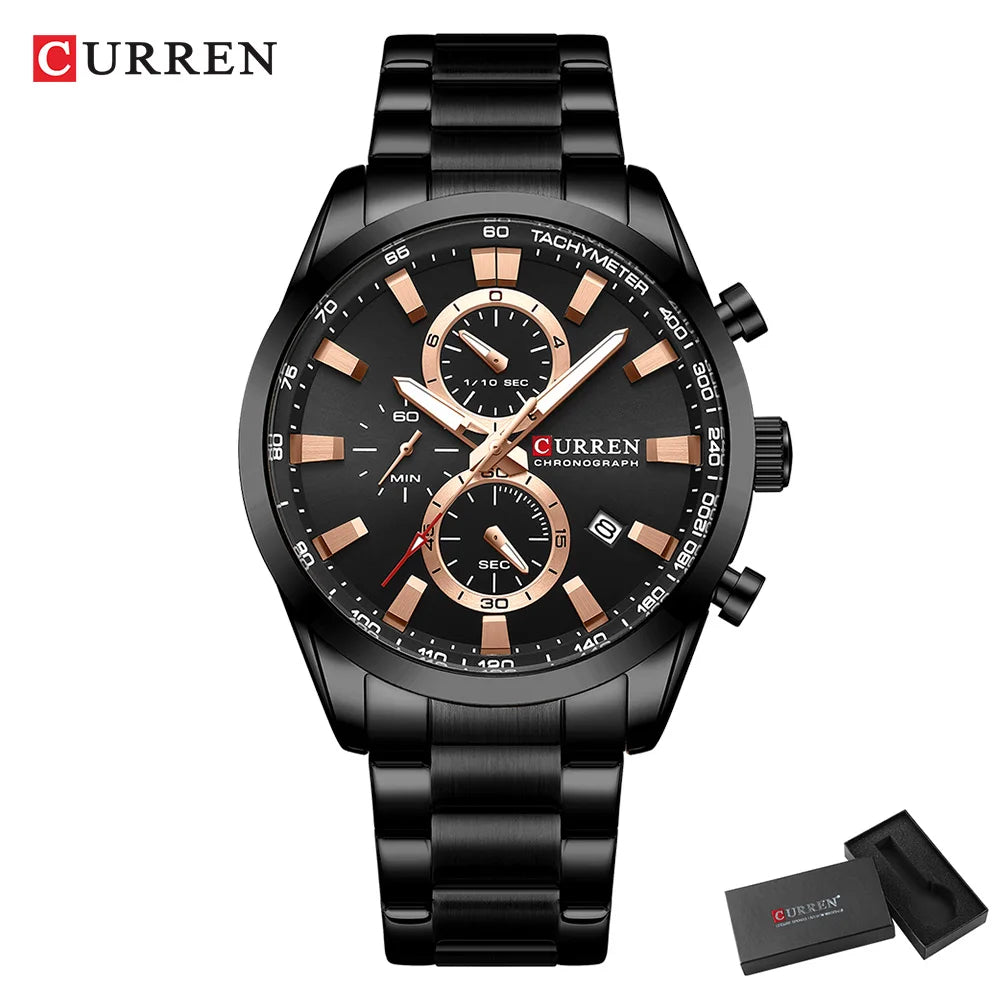 CURREN Casual Sporty Brand Stainless Steel Band Wristwatches for Men New Chronograph Quartz Watches with Date 8445
