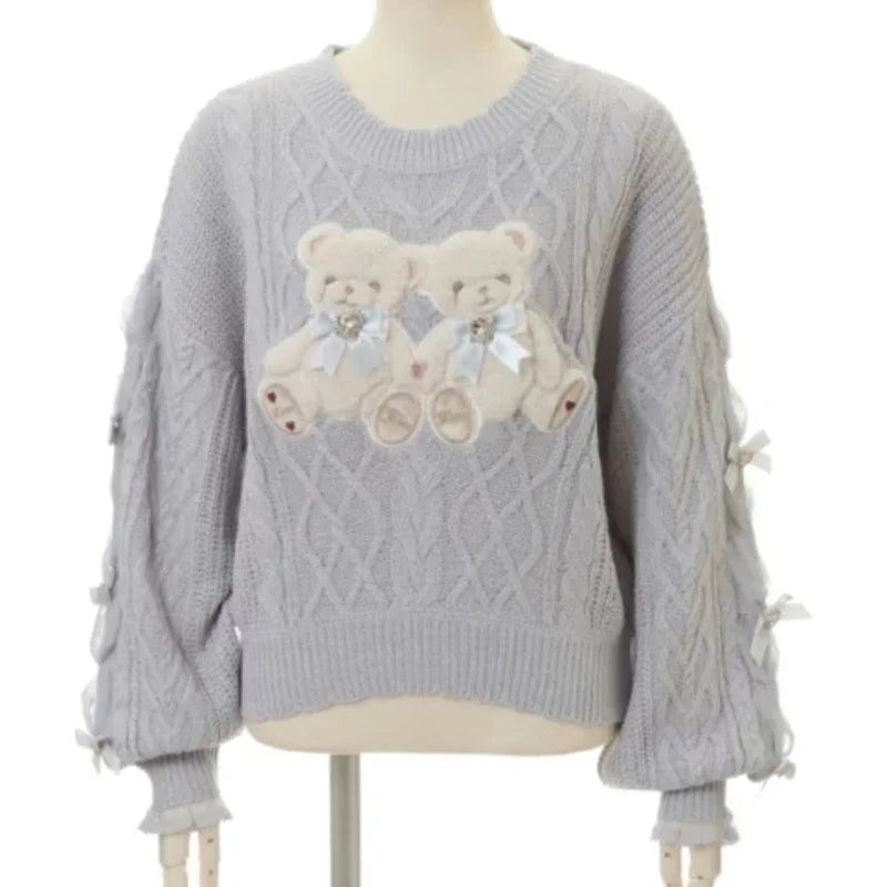 Sweet Lolita Cartoon Plush Bear Bunny Knitted Pullovers Women Harajuku Bow Pearl Ribbon Sweaters Japanese Girls Knitwear Tops - Madeinsea©