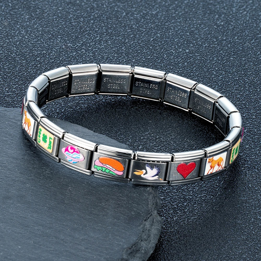 MKENDN Italian Elastic Charm Bracelet 9mm DIY YINYANG TAIJI Cartoon Candy Heart Stainless Steel Fashion Bangle