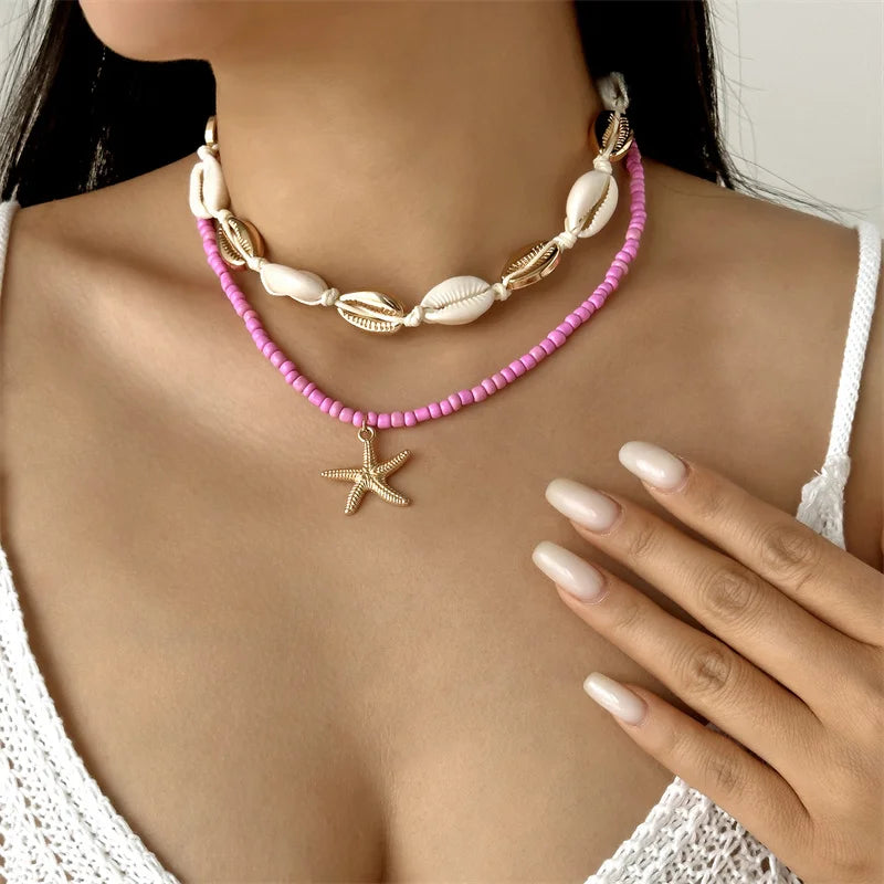 Mulitlayer Ocean Starfish Shells Pendant Necklace For Women Elegant Imitation Pearl Beads Choker Necklace Beach Party Jewelry - Madeinsea©