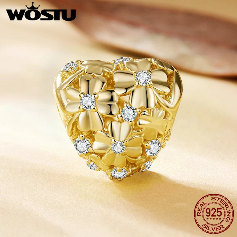 WOSTU 925 Sterling Silver Tow Tone DIY Bee Pendant Lucky Four-Leaf Clover Charm Colorful Leaves Bead Fit Original Bracelet Neck