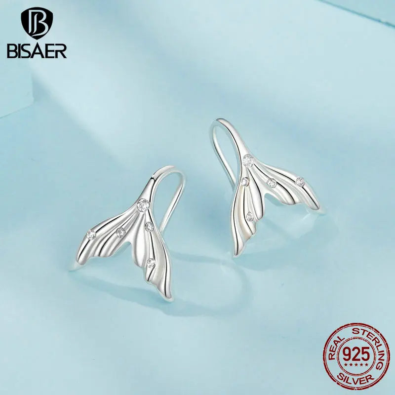 Boucles d'oreilles à tige en forme de queue de sirène en argent sterling 925 véritable BISAER avec zircon scintillant pour femme, bijoux fins, cadeaux de vacances