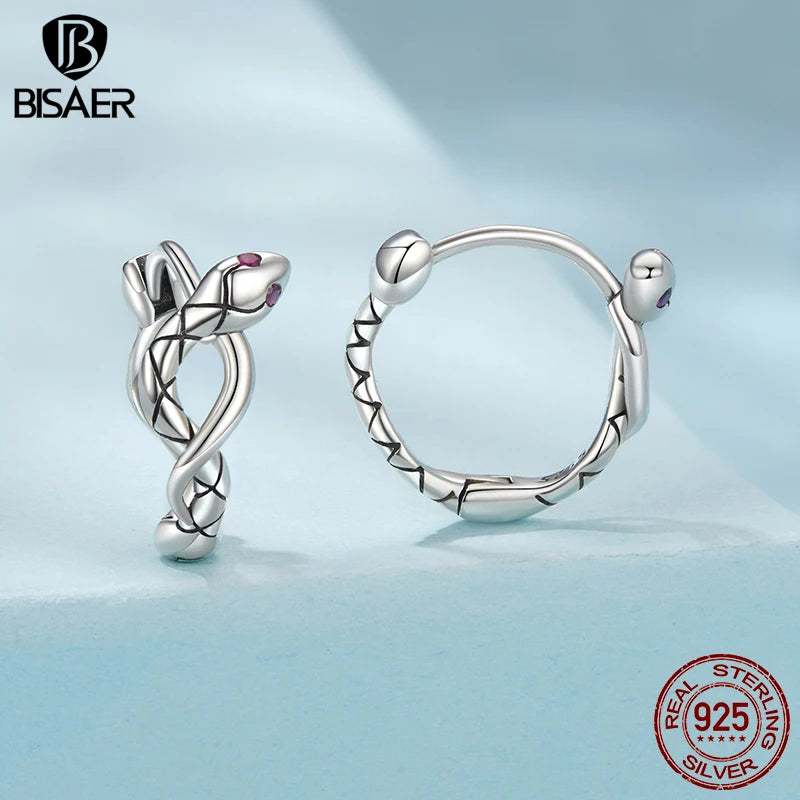 BISAER 925 Sterling Silver Vintage Viper Hoop Earrings Snake Red Zircon Ear Clip For Women Party Original Fine Jewelry ECE1891