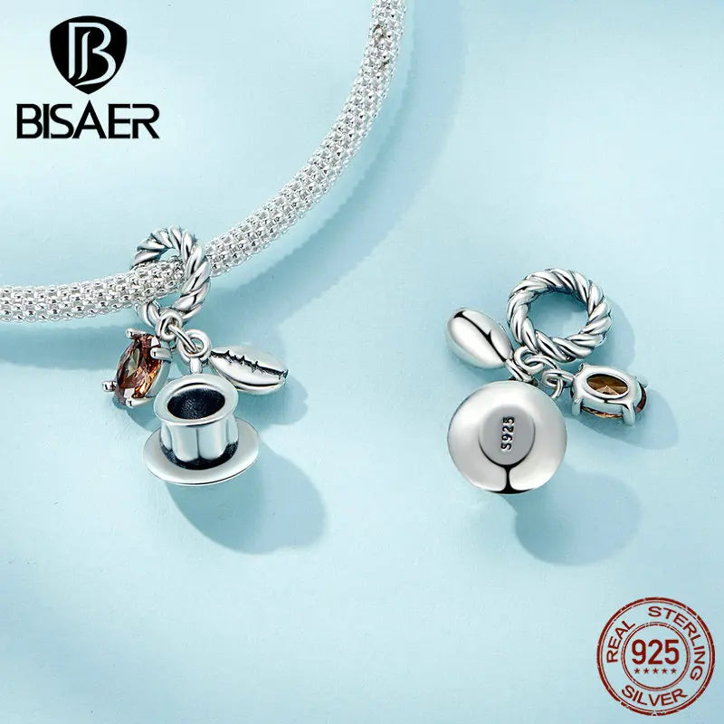 BISAER 925 Sterling Silver Coffee Cup Charm Bead Cafe Coffee Bean Pizza Pendant For Women DIY Bracelet & Necklace Fine Jewelry
