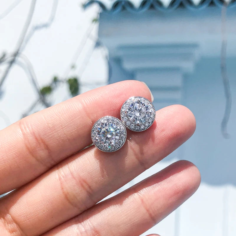 OXTAO Trendy 925 Sterling Silver Round Cut 7mm Main Stone Stud Earrings Engagement Wedding Female Jewelry Piercing Accessories