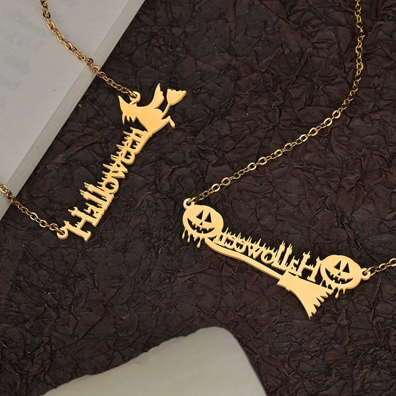 Collier personnalisé avec nom d'Halloween Nextvance en acier inoxydable, pendentif personnalisé avec araignée, chauve-souris, citrouille, balai, festival, bijoux cadeaux