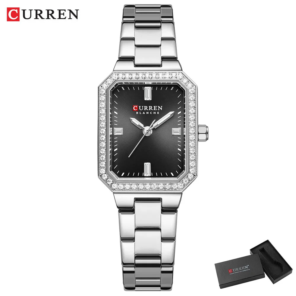 CURREN Luxurious Elegant Women's Watches Classic Rectangular Dial with Rhinestones Luminous Hands Waterproof