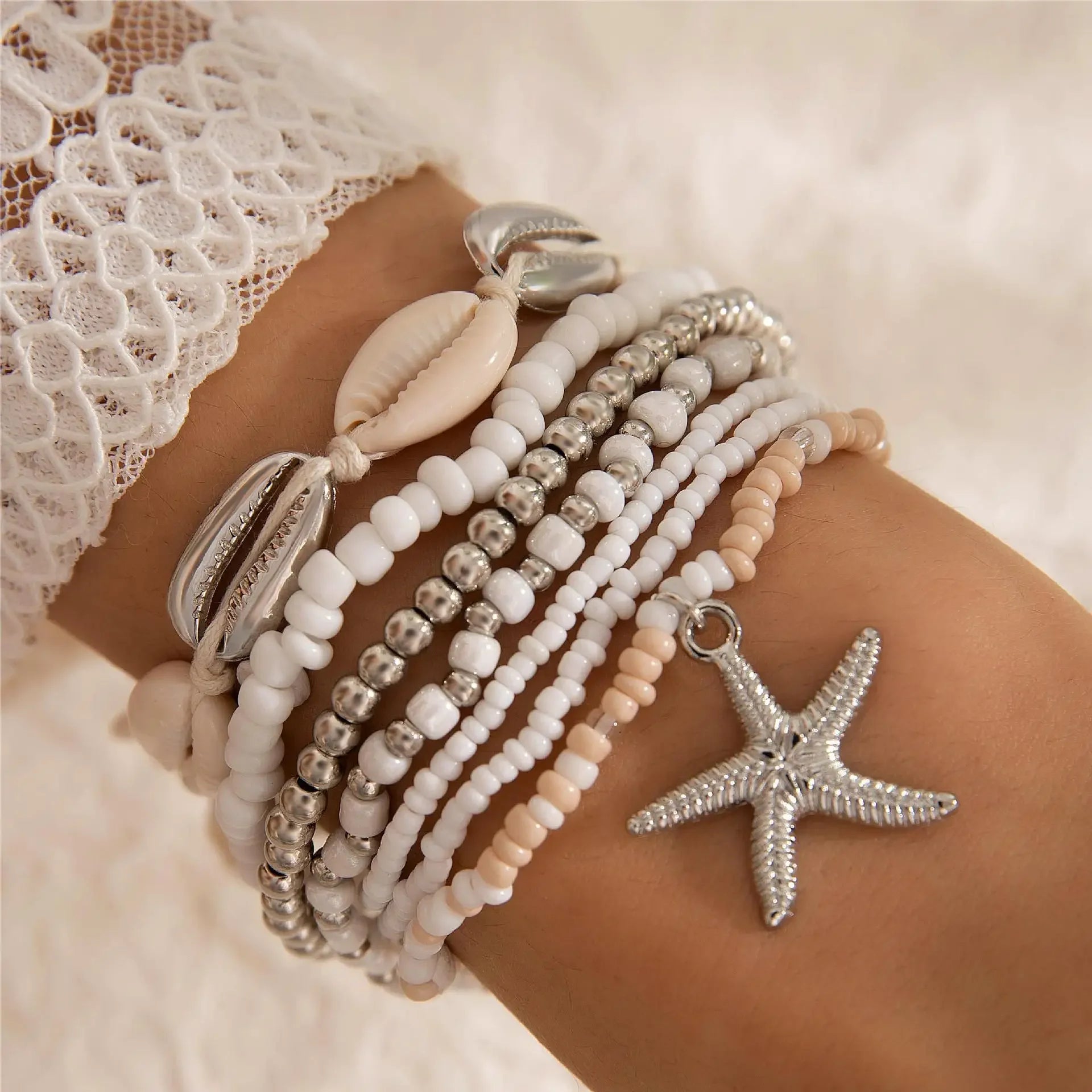 7Pcs Boho Summer Starfish Bracelet Set For Women Bohemian Shell Rice Beads Elastic Chain Bangle Girls Beach Jewelry Accessories