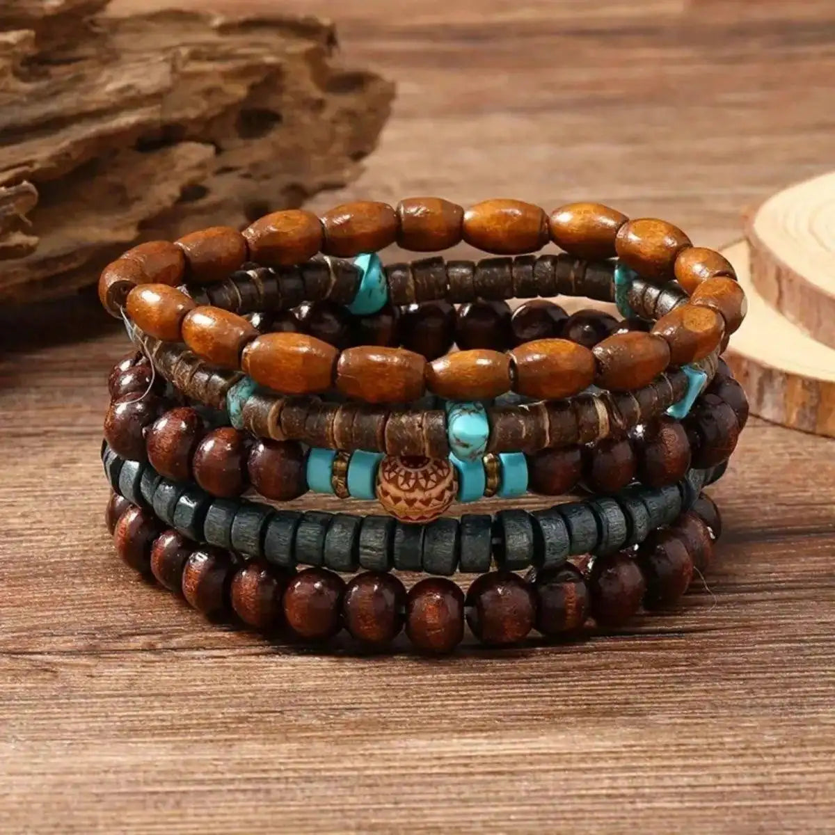 5pcs/set Natural Stone, Wood Beads Beaded Bracelet, Men's Chinese Style Charm Bracelet