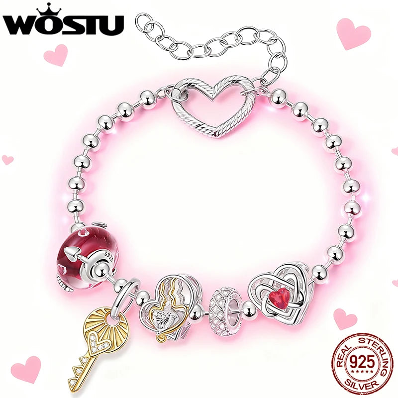 WOSTU 925 Silver Valentine's Gift Love Heart Charm Key Pendant Red Murano Glass Bead Fit DIY Jewelry make For Bracelet Necklace
