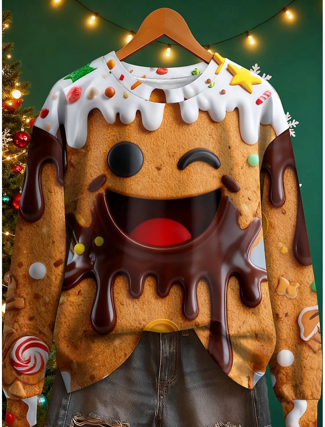 2025 Women's Christmas Face Print Sweatshirt, Holiday Home Wear, Festive Street Style, Fall Winter Casual Crewneck Pullover