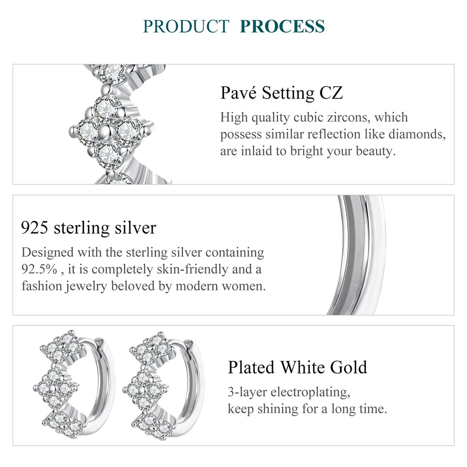 WOSTU Solid 925 Silver AAA CZ Four-Leaf Clover Huggies Earrings For Women, Full Zircon Wedding Engagement Hoop Earring Party G