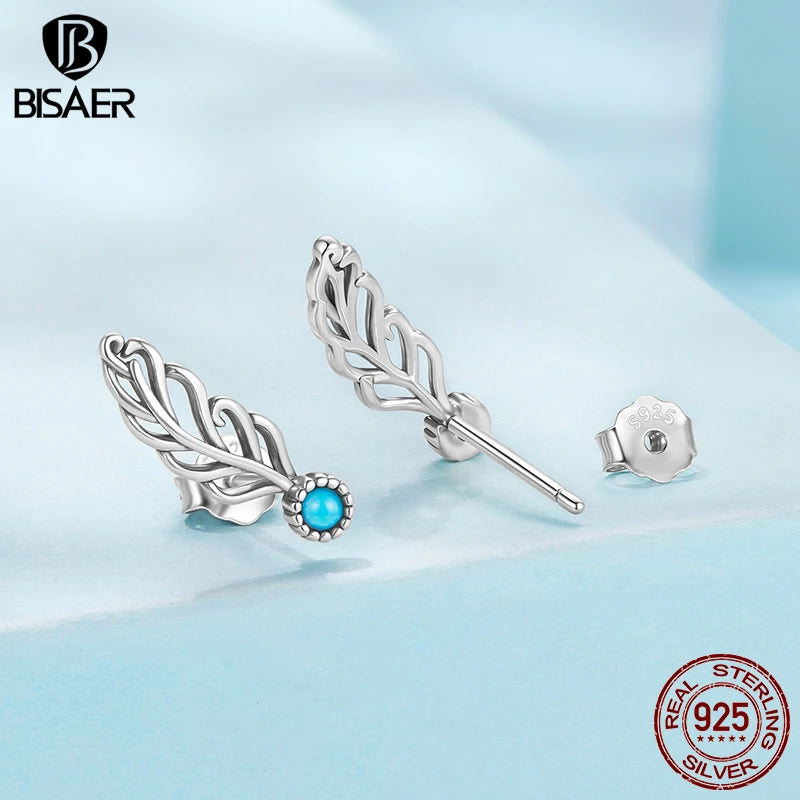 BISAER 925 Sterling Silver Turquoise Feather Stud Earrings Vintage Feathers Stud Ear for Women & Girls Party Fine Jewelry Gift