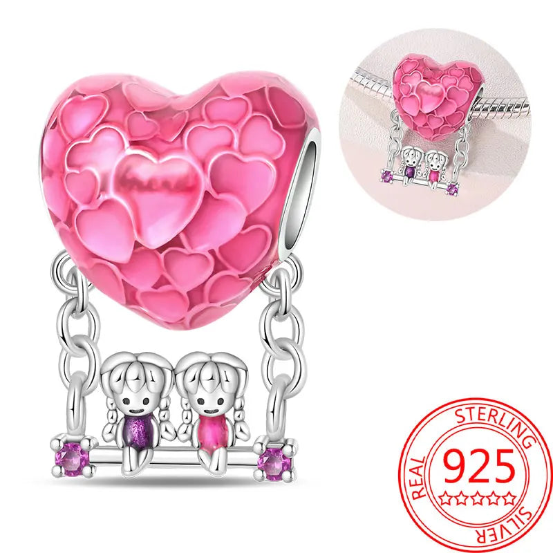 925 Sterling Silver Sparkling Pink Heart Charm Pendant Beads Fit Original Bracelet for Women Valentine Day Jewelry Gifts