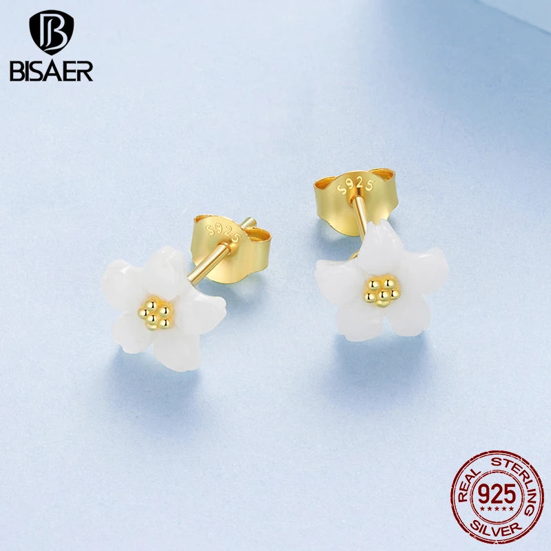 BISAER 925 Sterling Silver Sakura White Shell Stud Earrings White Cherry Blossoms Stud Ear for Women Girls Party Fine Jewelry