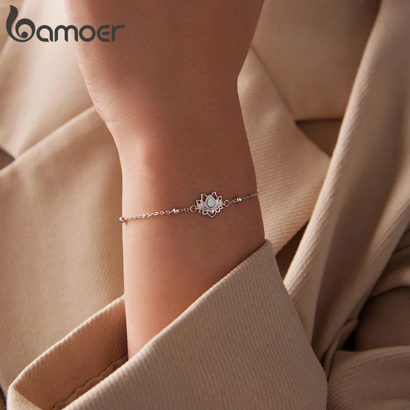 Bamoer Armband aus 925er Sterlingsilber mit Opal-Lotuskette, runden Perlen und verstellbarer Gliederkette für Damen und Teenager, Vintage-Blumen-Armband