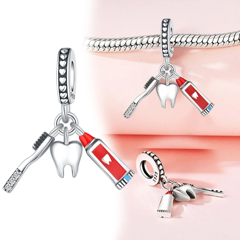 925 Sterling Silver Healthy Teeth Toothbrush Charm Pendant Beads Fit Charms Original Bracelet for Women Jewelry Making
