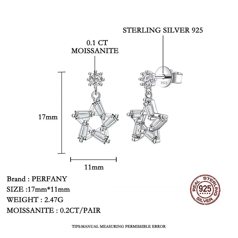 PERFANY 0.2CT Moissanite Drop Earring Women S925 Pure Silver Star Design Laboratory Diamond Fashion Jewelry Party Gift - Madeinsea©