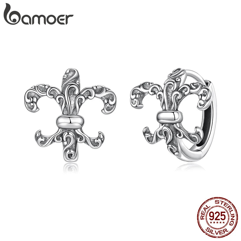 BAMOER Boucles d'oreilles créoles rétro en argent massif 925, motif floral, style huppies, bijoux classiques et raffinés pour femmes