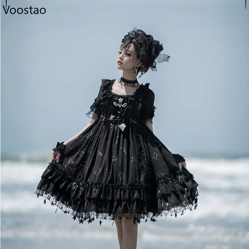 Victorian Gothic Lolita Dress Women Elegant Sweet Dark Bow Pearl Chain Evening Party Dresses Harajuku Y2k Punk Princess Dress