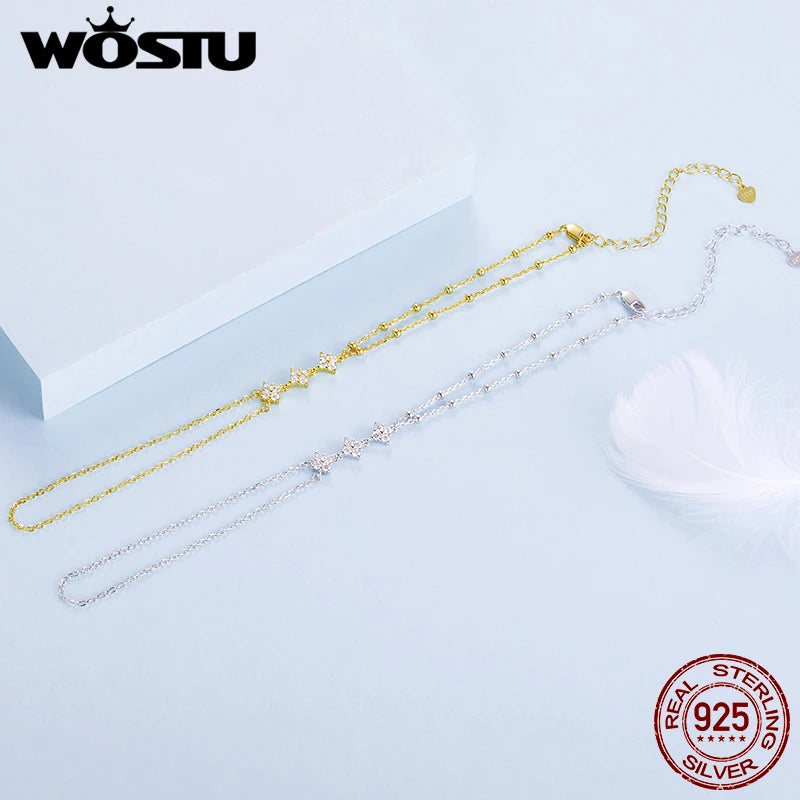 WOSTU 925 Sterling Silver Ring Chain Bracelet Star  White Gold Elegant Original for Women Adjustable Lucky Gift Fine Jewelry