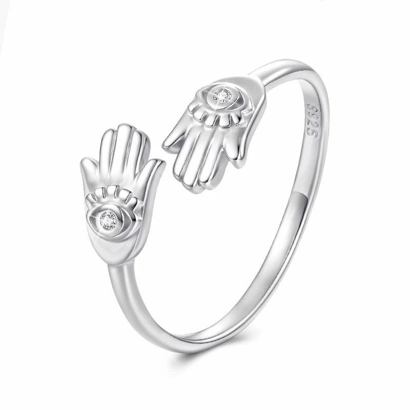 WOSTU Unique Evil Eye Hamsa Hand Open Ring For Women, 925 Sterling Silver Protection Guard Rings Daily Party Bohemia Jewelry