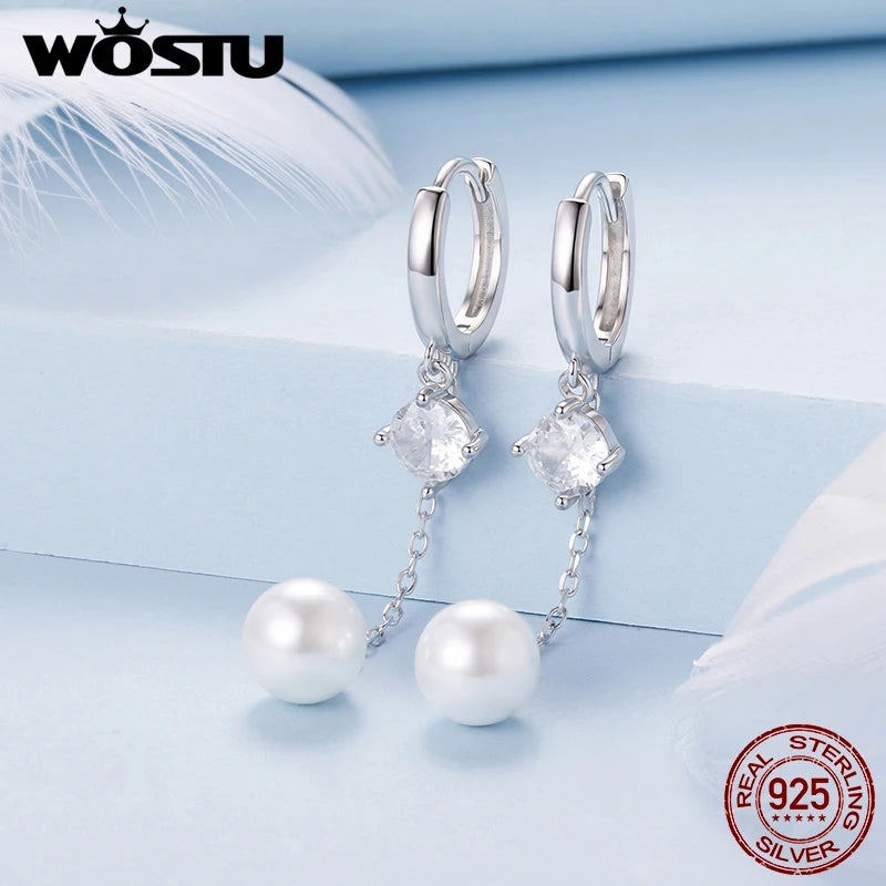 WOSTU 925 Sterling Silver Pearl Zircon Hoop Earrings For Women, 53mm Long Drop Dangle Earring Wedding Party Earrings Gift