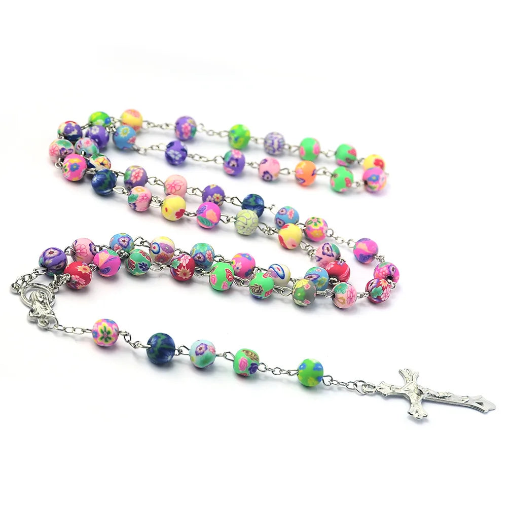 Multicolor Polymer Clay Beads Rosary Cross Necklace For Women INRI Crucifix Pendant Fimo Chain Female Religion Jewelry