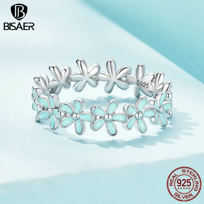 Bague BISAER en argent sterling 925 avec couronne bleue et rose, taille 5 à 9, bande de fleurs en émail pour amoureux, cadeau d'anniversaire, bijoux fins