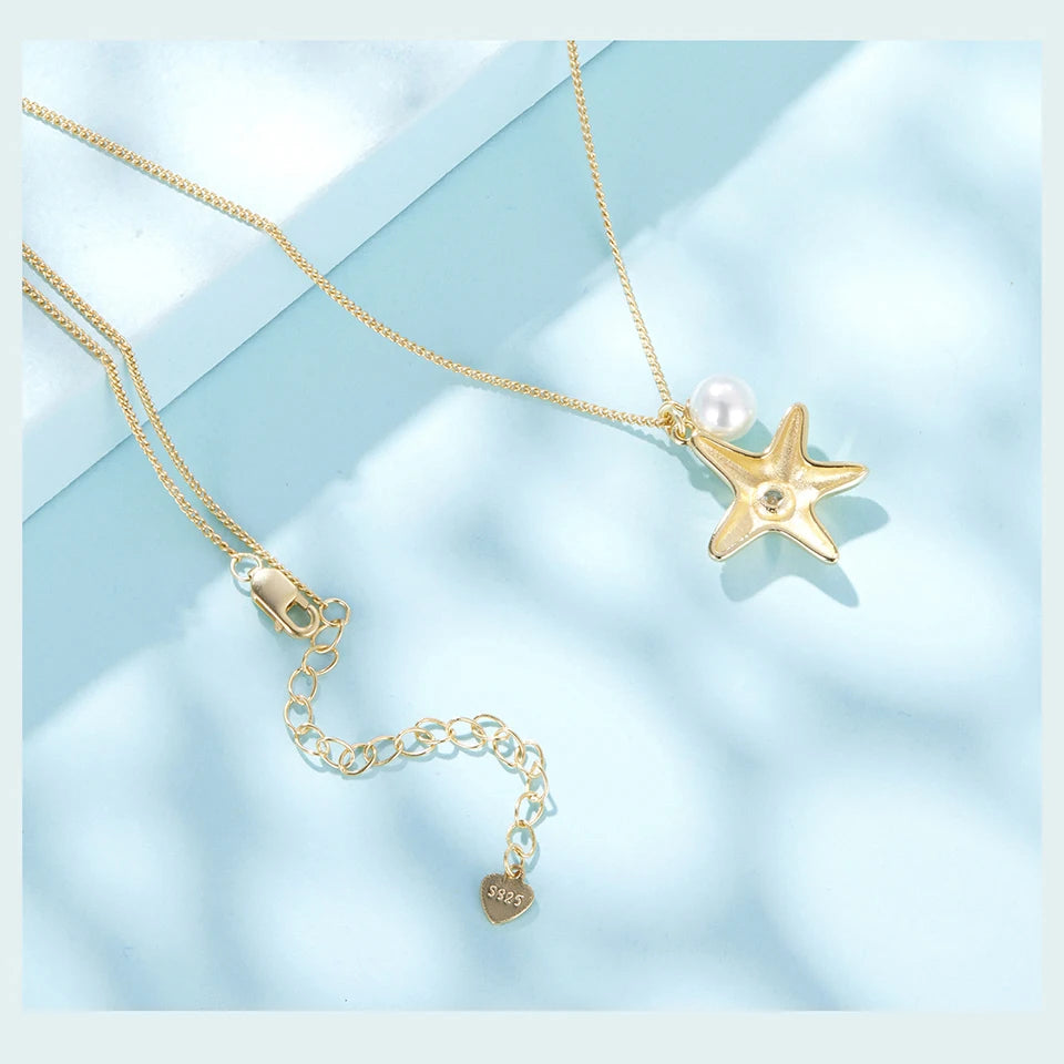 BAMOER Halskette mit Seesternanhänger aus 925er Sterlingsilber, runden Perlen und einer schlichten Gliederkette aus 18-karätigem Gold – ein elegantes Geschenk für Damen
