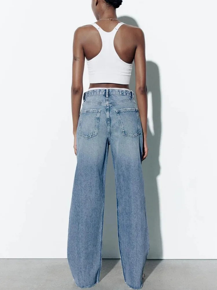 Women's loose hole decoration high-waisted jeans Fashion versatile wide-legged trousers Elegant fashion women's clothing