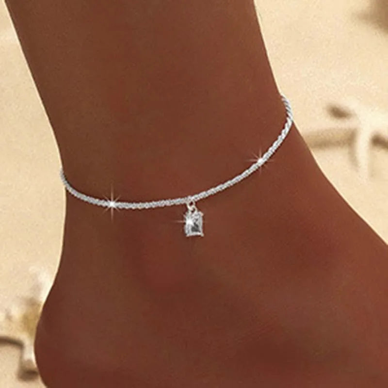 Silver Color Double Layer Shiny Chains Anklets For Women Heart Cross Geometric Pendant Foot Leg Barefoot Bracelet Charm Jewelry