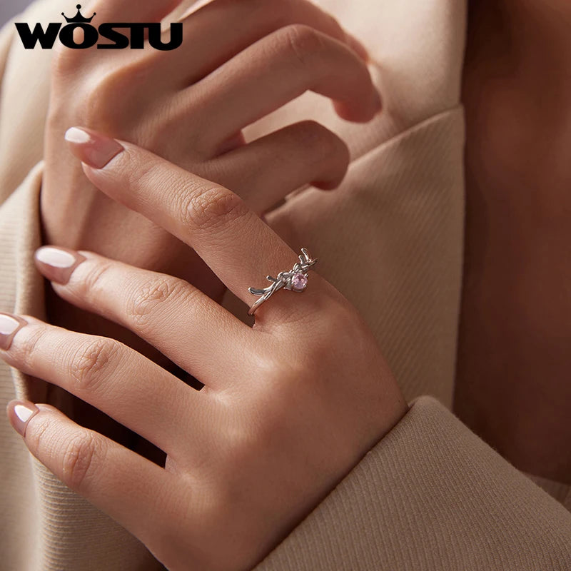 WOSTU 925 Sterling Silver Pink Crystal Christmas Reindeer Ring with Bow For Women, Sweet Xmas Jewelry Gift Stackable Rings