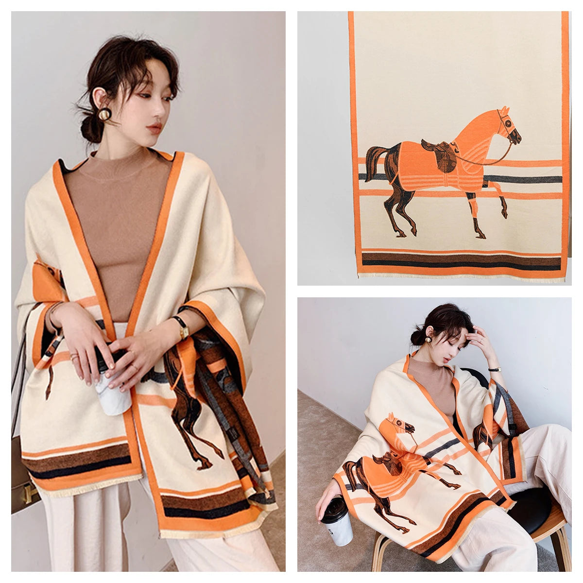 Women's Autumn Winter Horse Pattern Scarf New Luxury Cashmere Feeling Large Blanket Wrap Soft Warm Brand Shawl Retro & Classical - Madeinsea©
