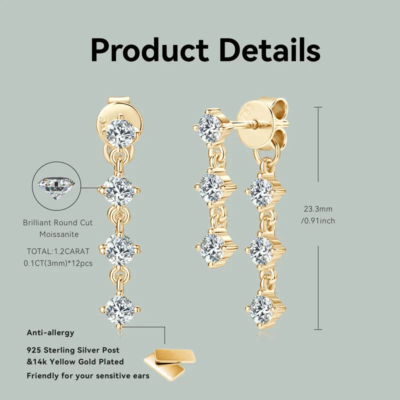 OXTAO 925 Sterling Silver Tassel Chain Earrings 3mm Real Moissanite Drop Earrings Classic Engagement Wedding Jewelry Gift